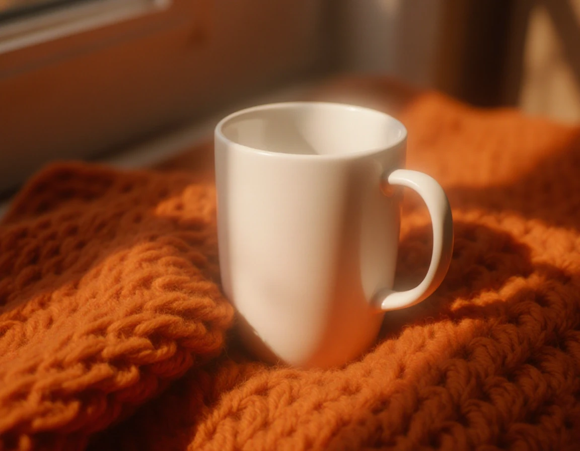 Prompt: Close-up product photography of a blank, matte white ceramic mug resting on a chunky rust-orange knitted blanket. Soft autumn sunlight streaming through a window,…