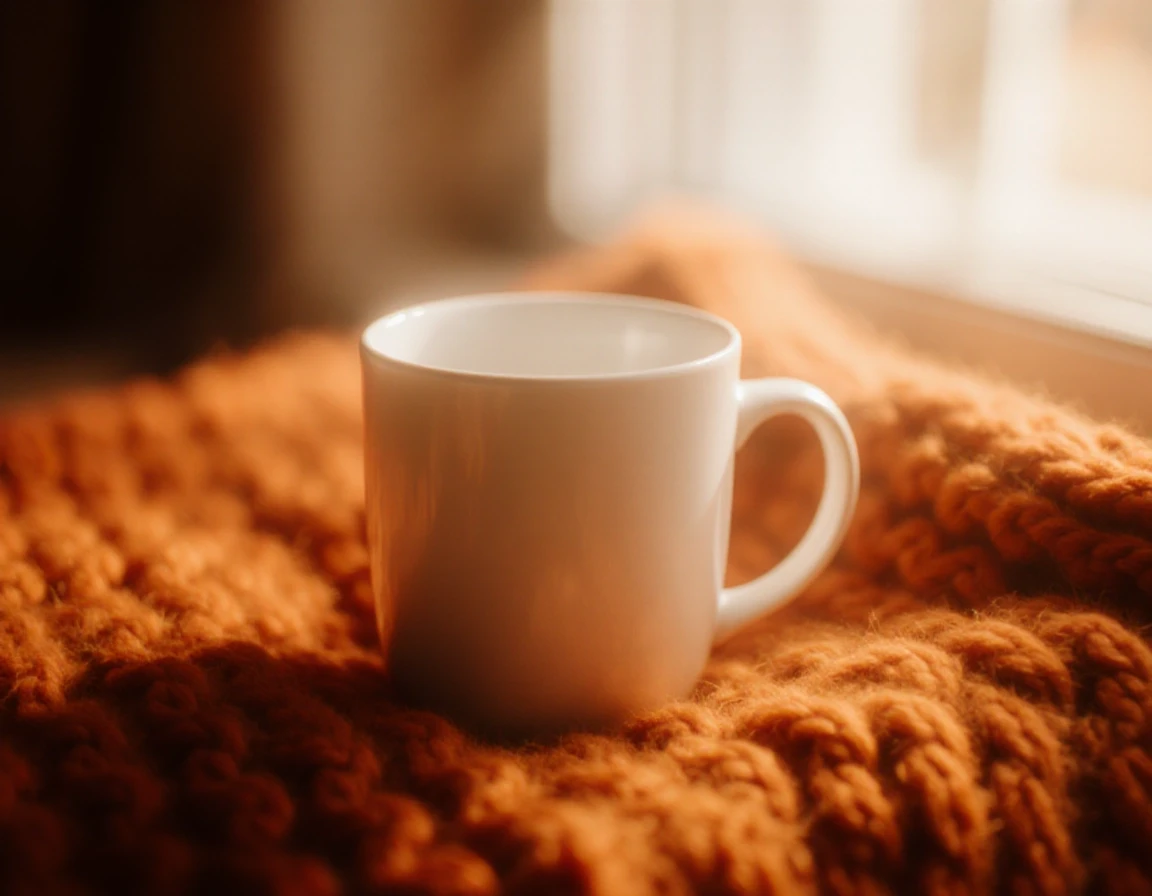 Prompt: Close-up product photography of a blank, matte white ceramic mug resting on a chunky rust-orange knitted blanket. Soft autumn sunlight streaming through a window,…