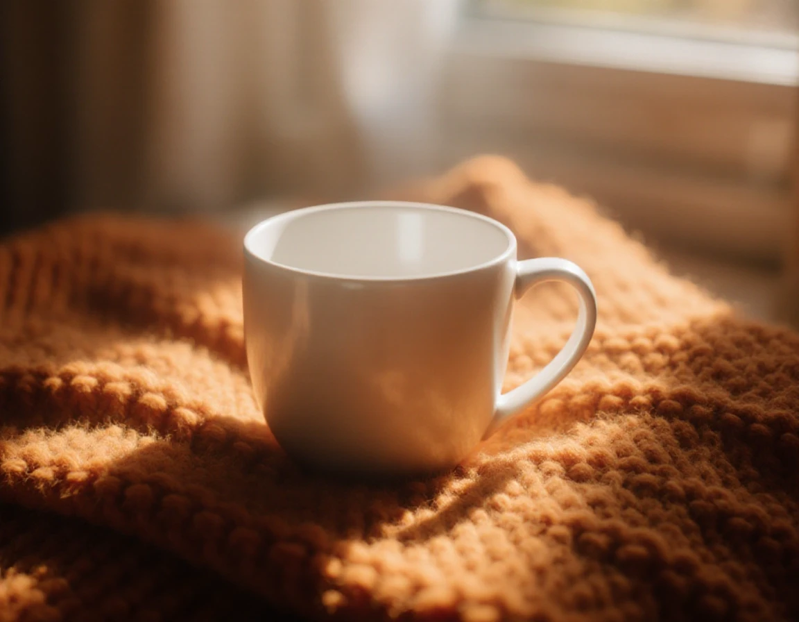 Prompt: Close-up product photography of a blank, matte white ceramic mug resting on a chunky rust-orange knitted blanket. Soft autumn sunlight streaming through a window,…