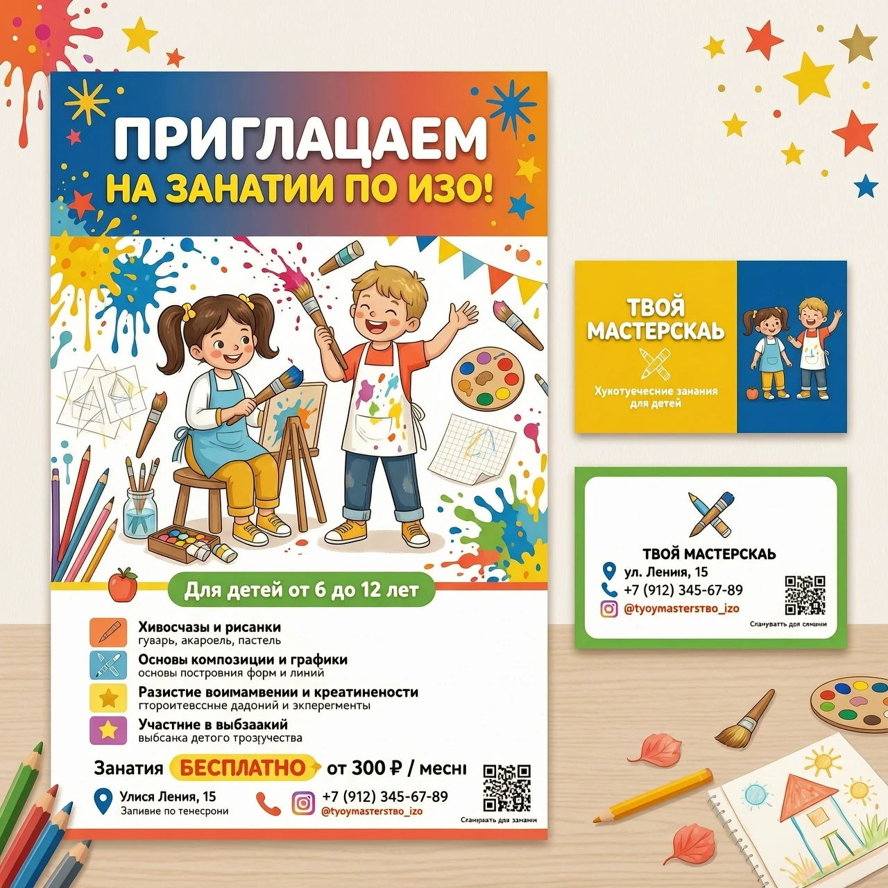 "Творческая мастерская" Крупный, яркий, игровой шрифт: ПРИГЛАШАЕМ НА ЗАНЯТИЯ ПО ИЗО![ЦЕНТР: Визуальный блок]Здесь располагается сгенерированный рисунок (яркие брызги…