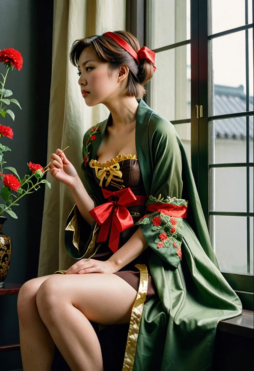 A young adult East Asian-looking woman with short brown hair and fair skin, seated elegantly on a windowsill in profile, body slightly turned, left hand resting on her left…