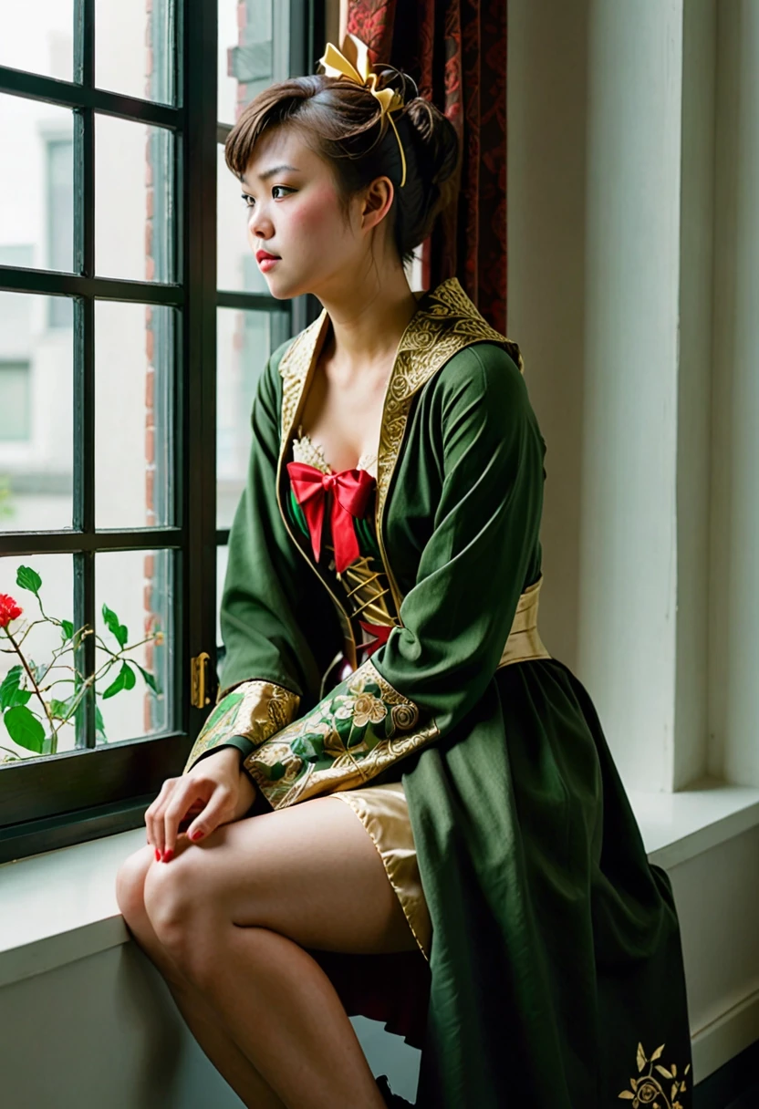 A young adult East Asian-looking woman with short brown hair and fair skin, seated elegantly on a windowsill in profile, body slightly turned, left hand resting on her left…