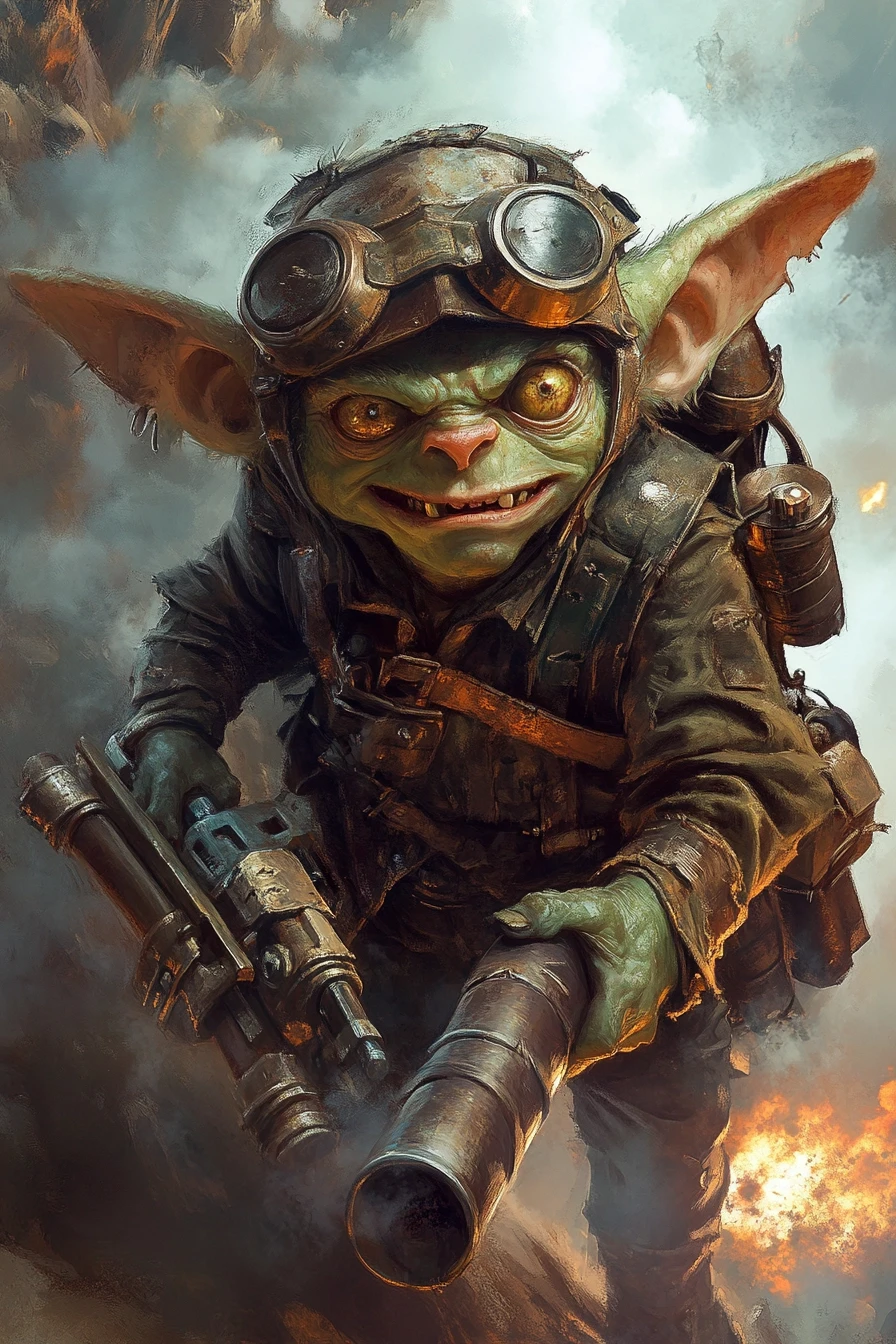 Fantasy character portrait, male goblin, green skin, tiny, shaking hands, wide crazy eyes, covered in soot, wearing scrap metal helmet, holding a homemade rocket launcher,…