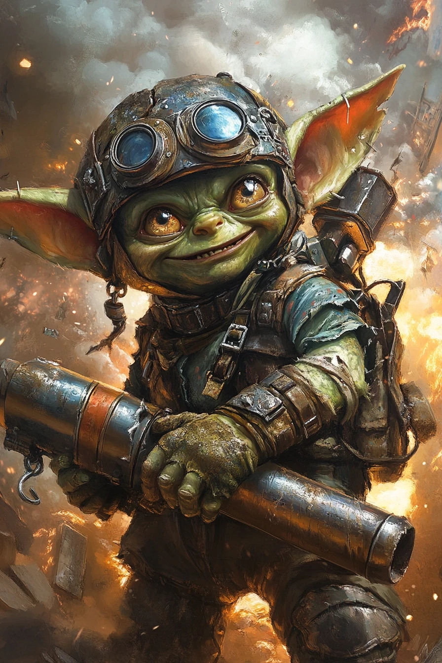 Fantasy character portrait, male goblin, green skin, tiny, shaking hands, wide crazy eyes, covered in soot, wearing scrap metal helmet, holding a homemade rocket launcher,…