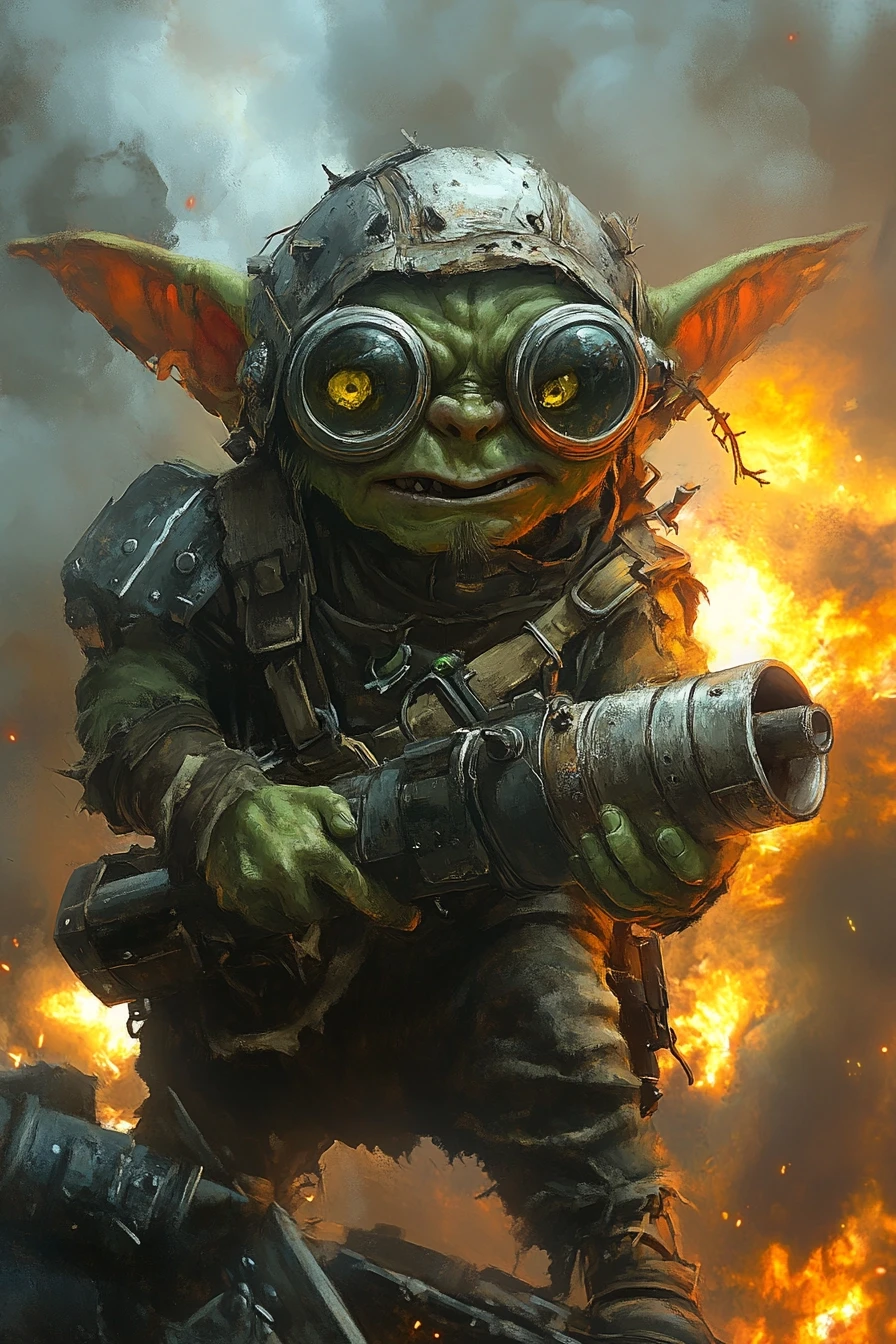 Fantasy character portrait, male goblin, green skin, tiny, shaking hands, wide crazy eyes, covered in soot, wearing scrap metal helmet, holding a homemade rocket launcher,…
