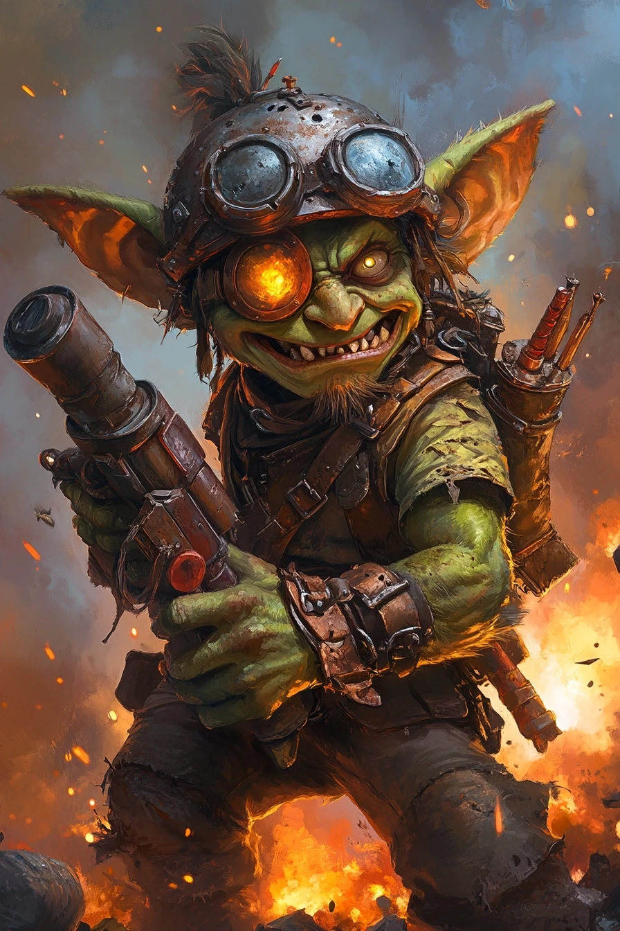 Fantasy character portrait, male goblin, green skin, tiny, shaking hands, wide crazy eyes, covered in soot, wearing scrap metal helmet, holding a homemade rocket launcher,…