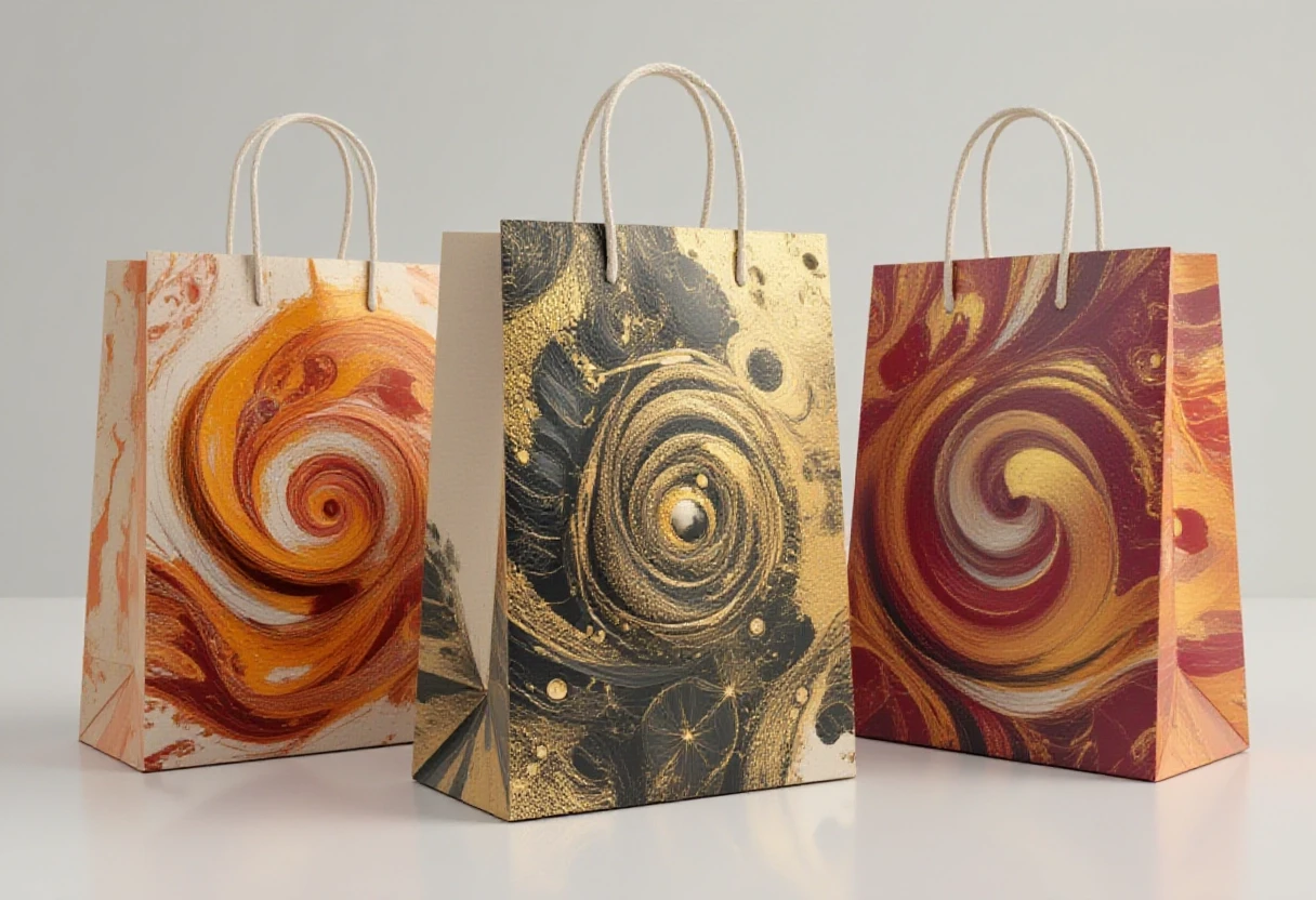 Photorealistic studio shot of three tall paper shopping bags with white rope handles on a clean light neutral background. Left bag in Muted Clay palette (soft terracotta, warm…