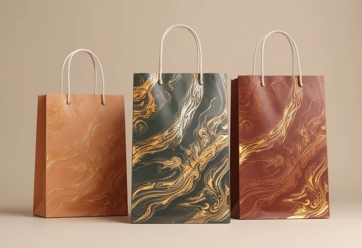 Photorealistic studio shot of three tall paper shopping bags with white rope handles on a clean light neutral background. Left bag in Muted Clay palette (soft terracotta, warm…