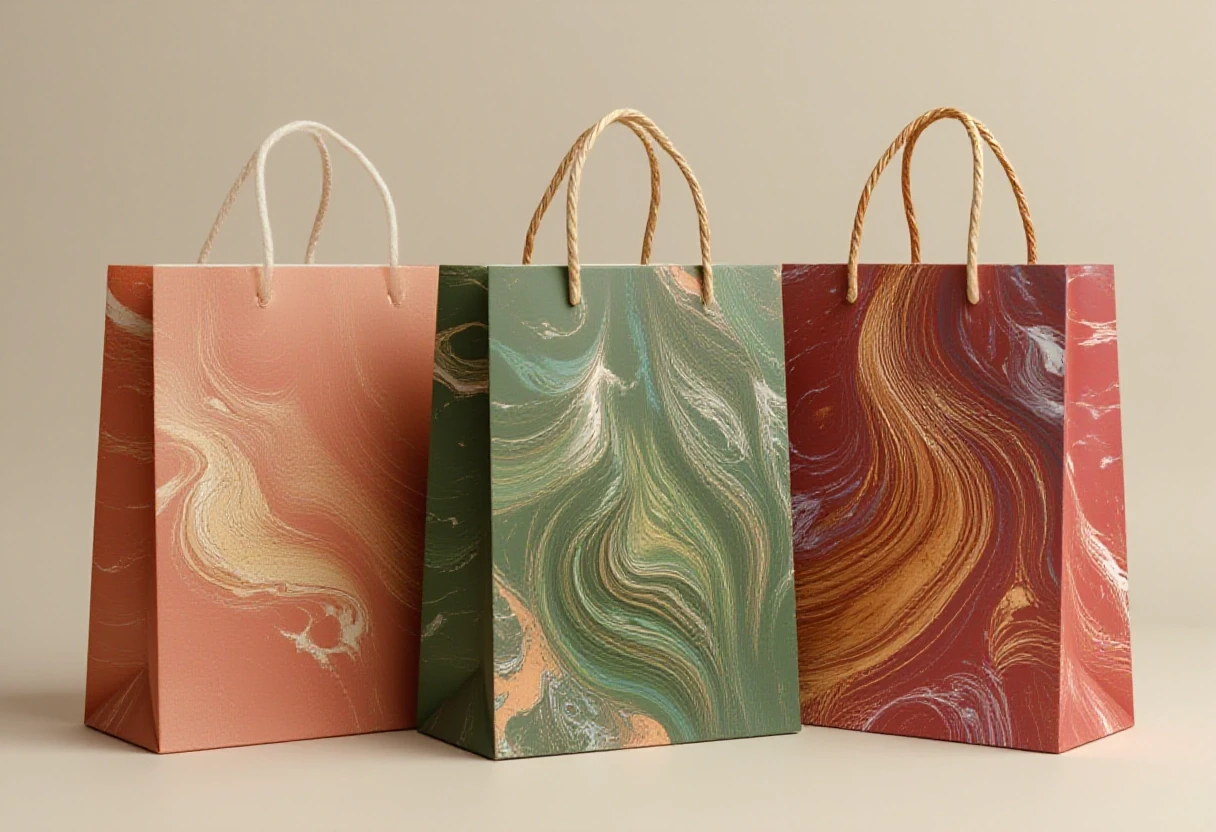 Photorealistic studio shot of three tall paper shopping bags with white rope handles on a clean light neutral background. Left bag in Muted Clay palette (soft terracotta, warm…