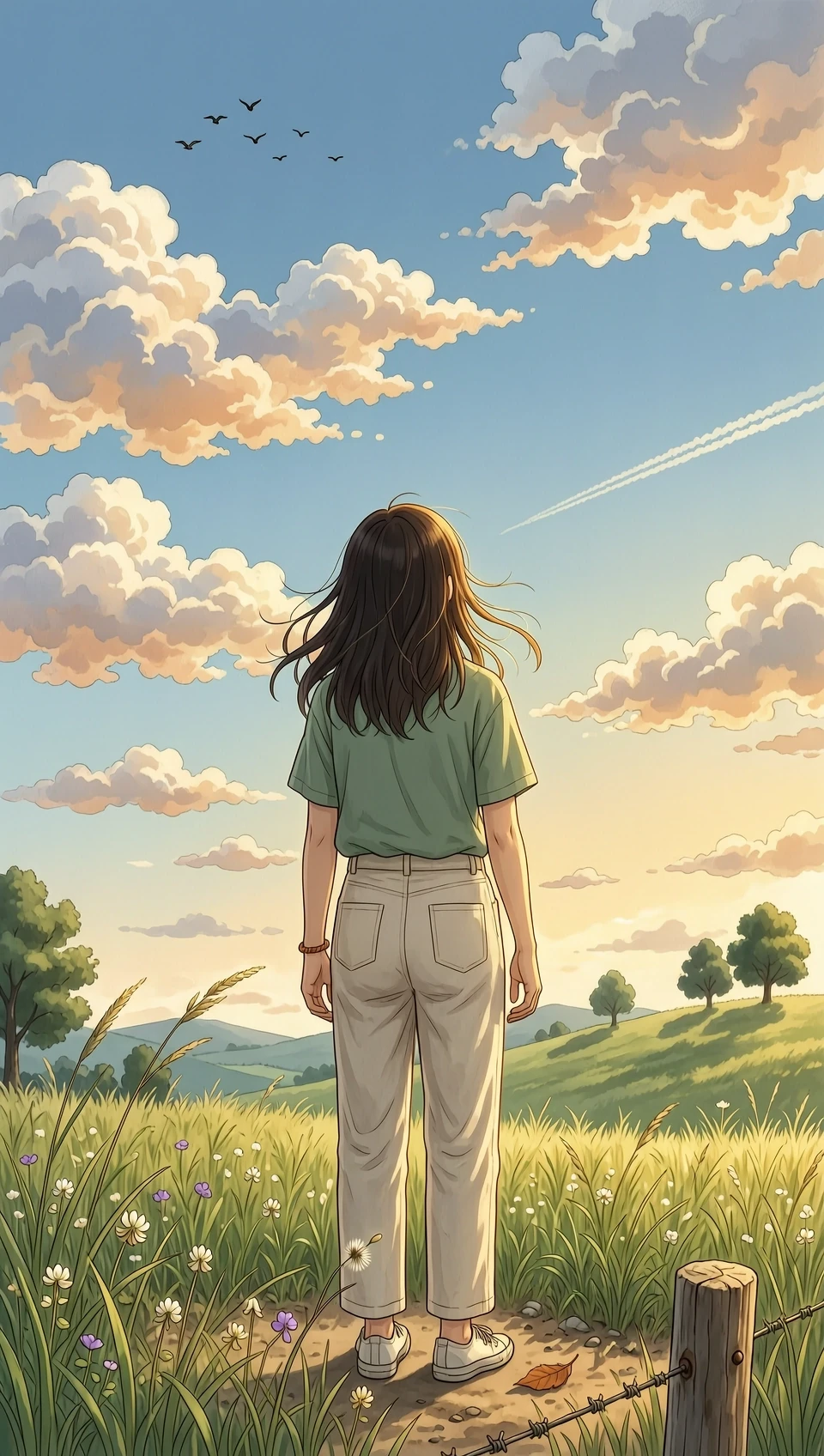 Create a realistic photo in a cartoon style. A girl with dark hair is standing with her back to the camera. She is standing in a field and looking at the sky from the depths. —…