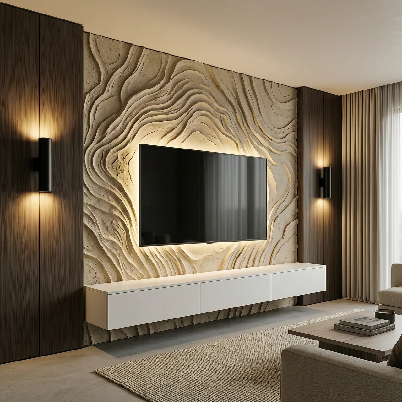 A high-end modern living room interior design featuring a central feature wall. The center part of the wall has a heavy, organic, beige sculptural plaster texture with deep…