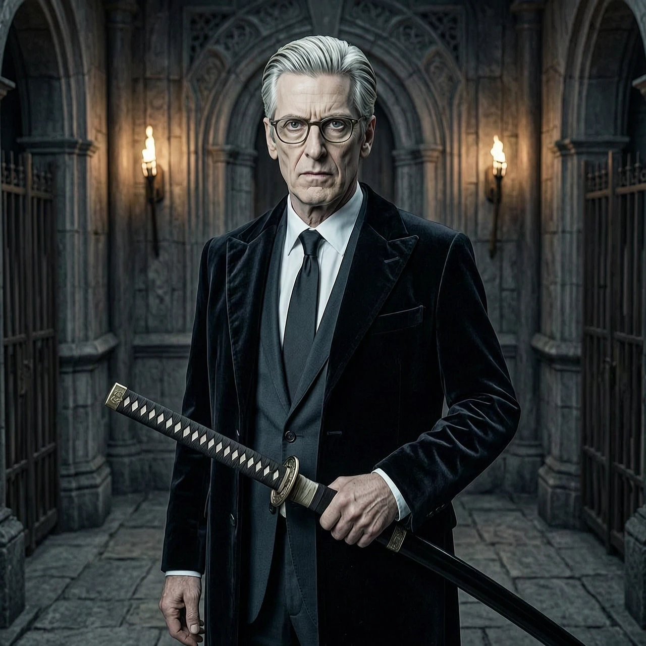 A photo of a 53-year-old aristocratic man, looking like actor Peter Capaldi as Randall Brown. He has sharp, severe facial features, pale skin, and neat, straight gray hair. He…