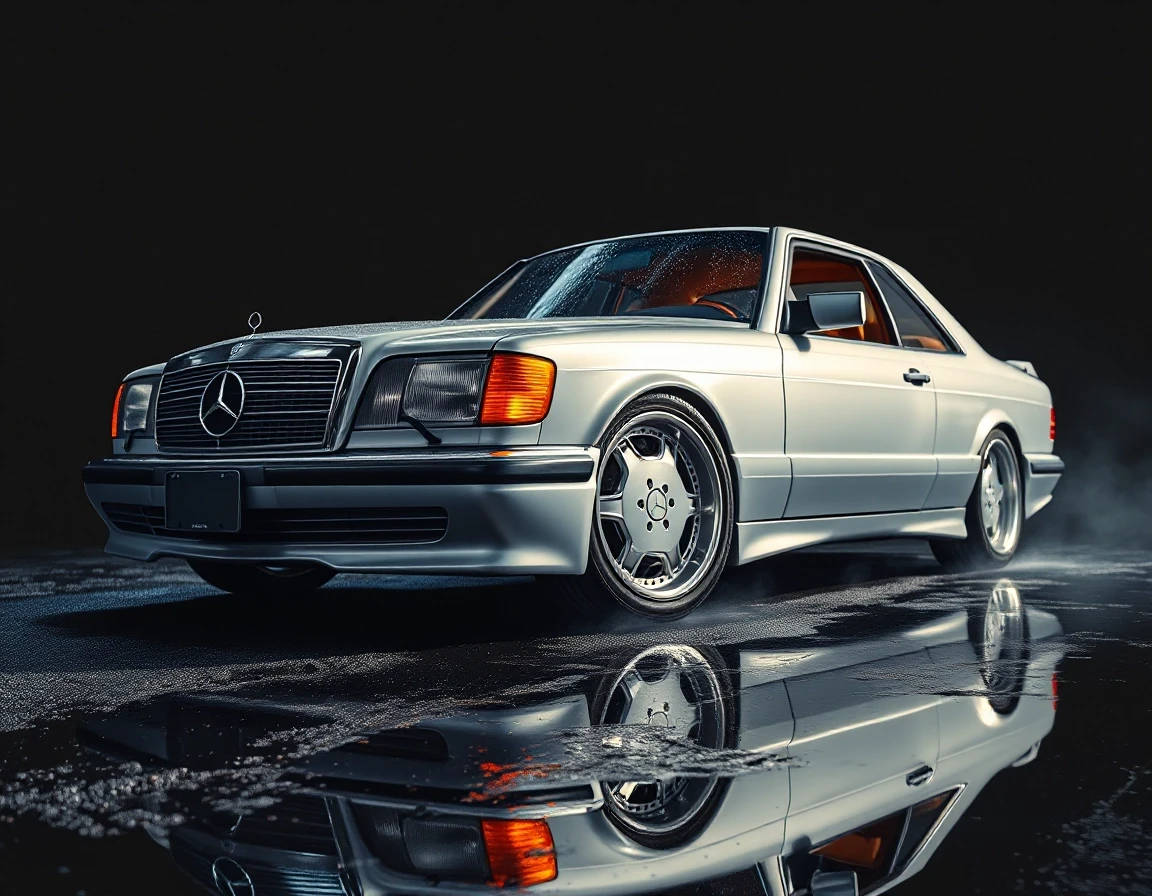Subject: Mercedes-Benz 560 SEC W126 AMG widebody coupe, two-door Color: silver metallic body, polished, deep reflective paint finish Wheels: AMG Gullideckel monoblock wheels,…