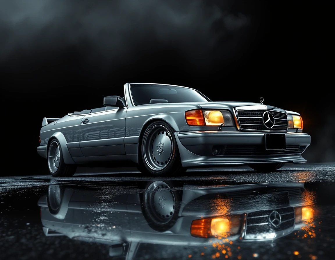 Subject: Mercedes-Benz 560 SEC W126 AMG widebody coupe, two-door Color: silver metallic body, polished, deep reflective paint finish Wheels: AMG Gullideckel monoblock wheels,…