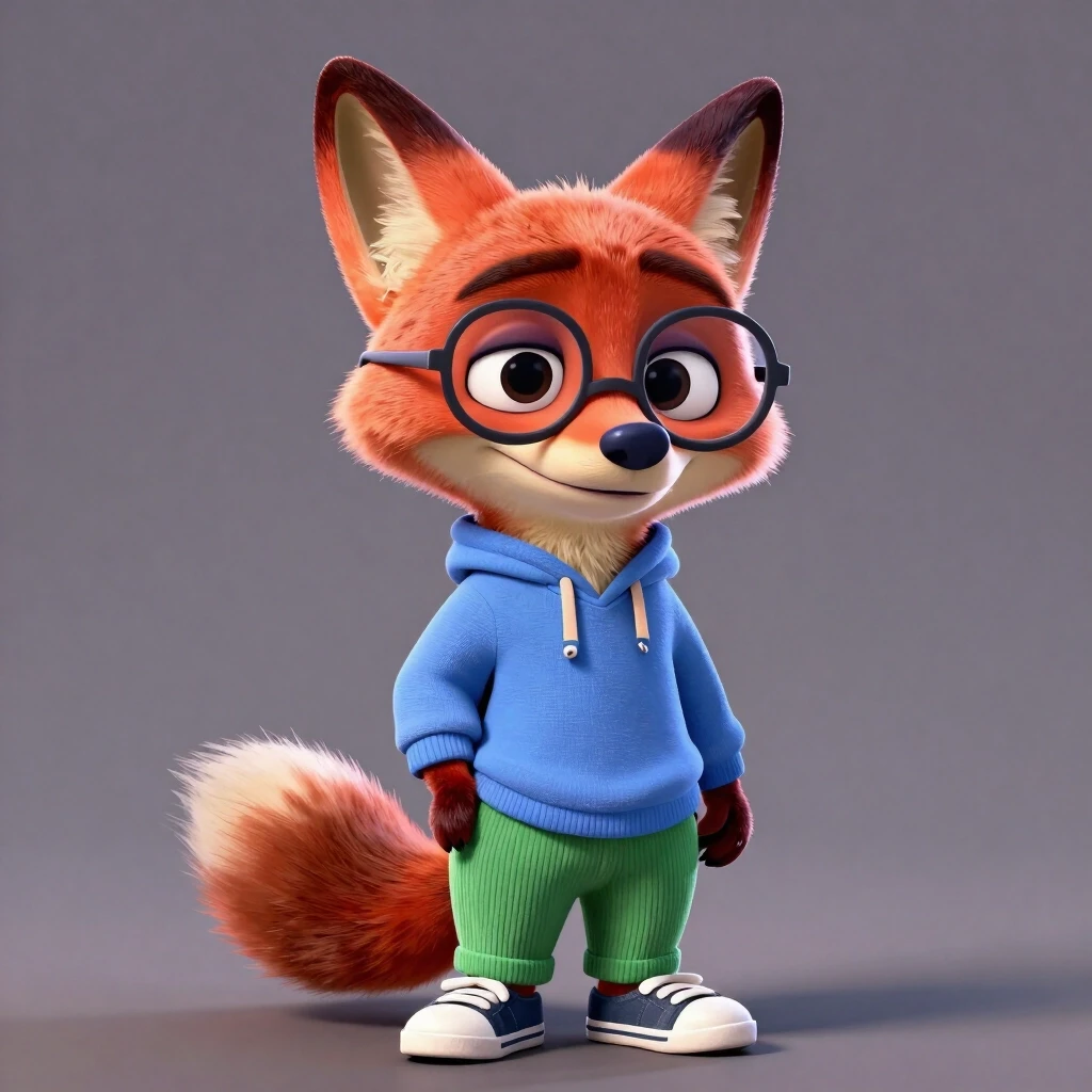 3D cartoon character funny fox in green corduroy pants, blue sweatshirt, sneakers on paws, glasses on muzzle. Background is gray with soft lighting creating subtle shadows on…