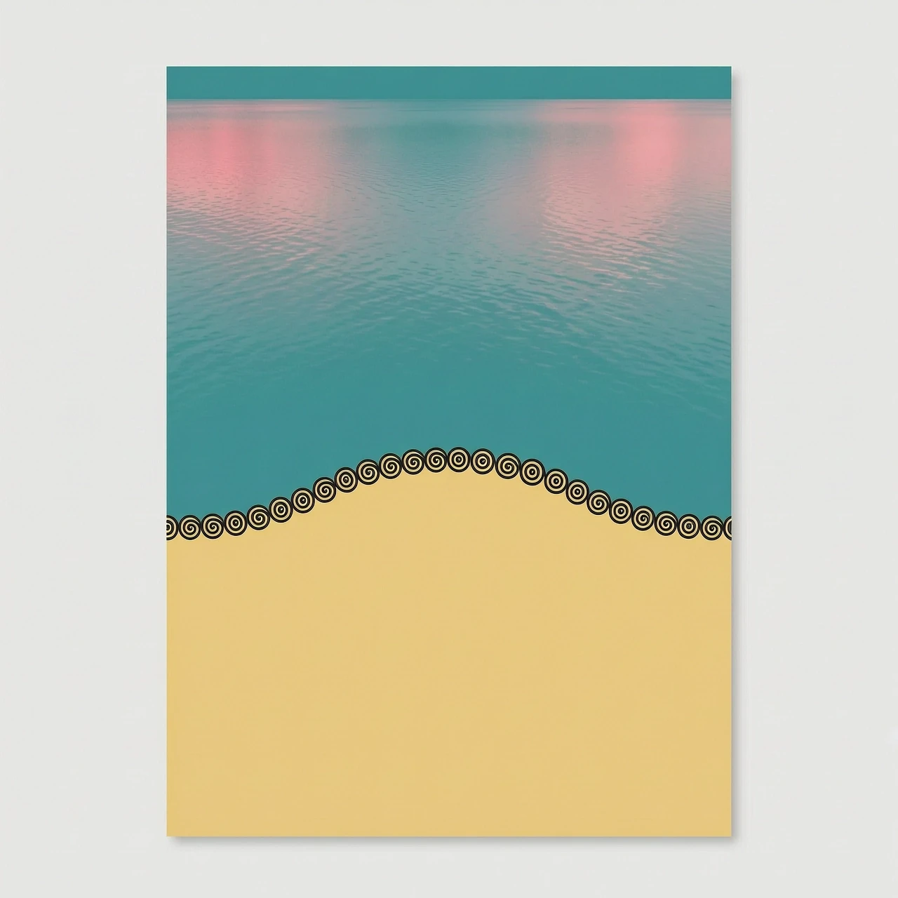 A minimalist vertical digital art for a romance novel cover, flat top-down view from above. The canvas is divided by a single fluid shoreline: the top area is calm turquoise sea…