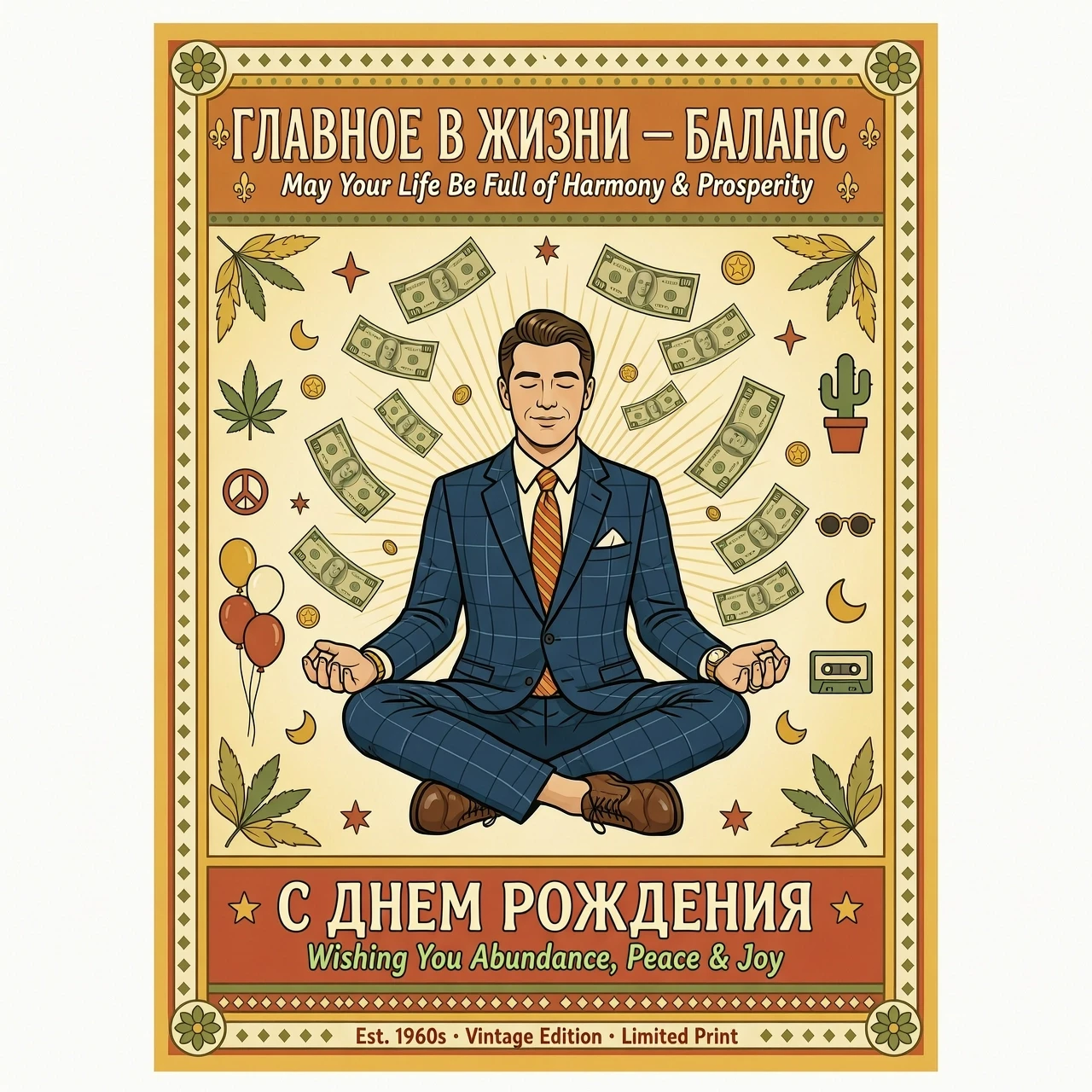 На изображении представлен белый мужчина в офисном костюме, сидящий в классической позе лотоса. Вокруг медитирующего мужчины в воздухе парят денежные купюры различных номиналов.…