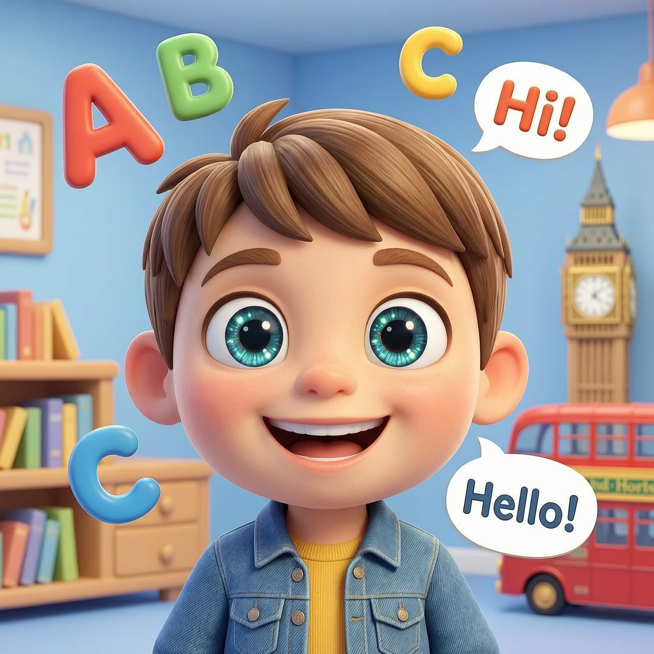 A vibrant and high-quality 3D cartoon avatar designed for an English language school for kids. The character is a friendly, expressive, and charismatic mascot with large,…