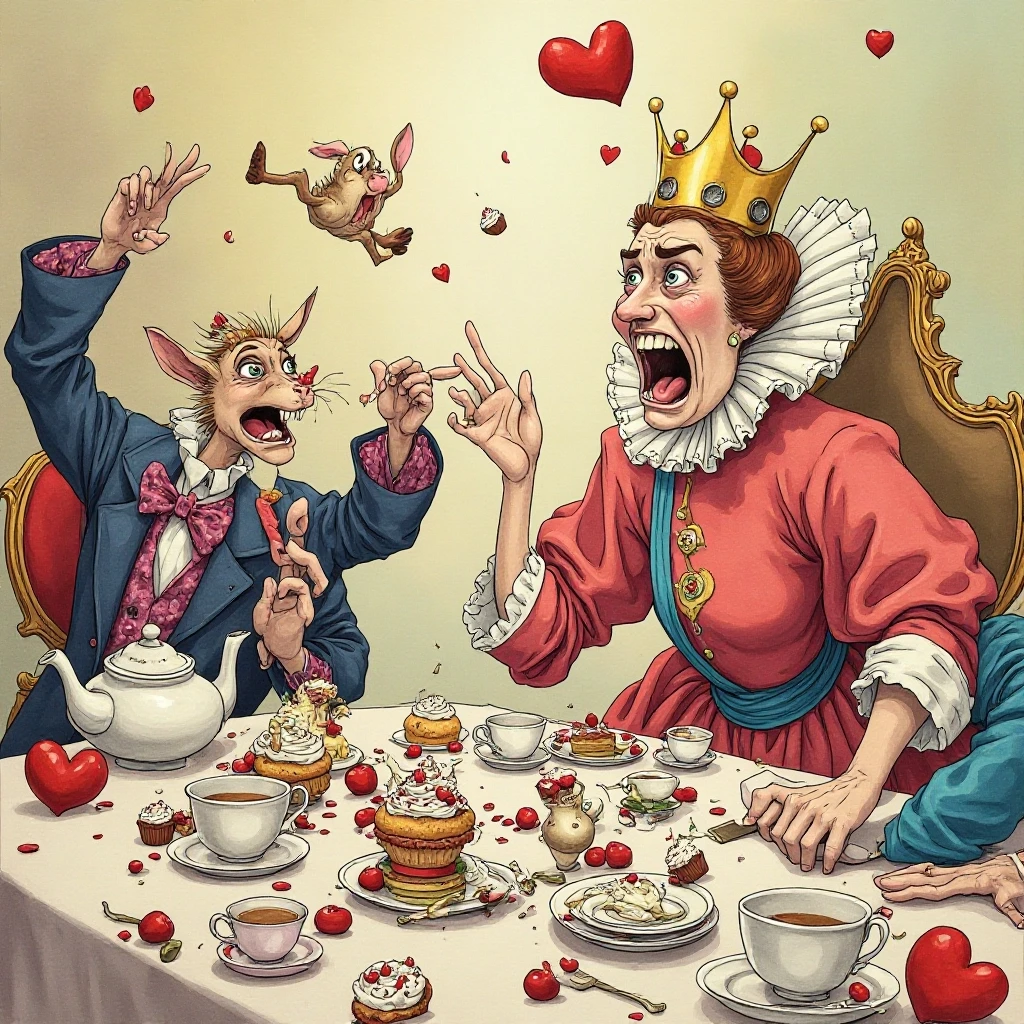 (masterpiece:1.8, acrylic painting:1.5, best quality:1.6, ultra-detailed:1.6). A bizarre and funny image (of the Queen of Hearts), who, sitting at a crazy tea table, angrily…