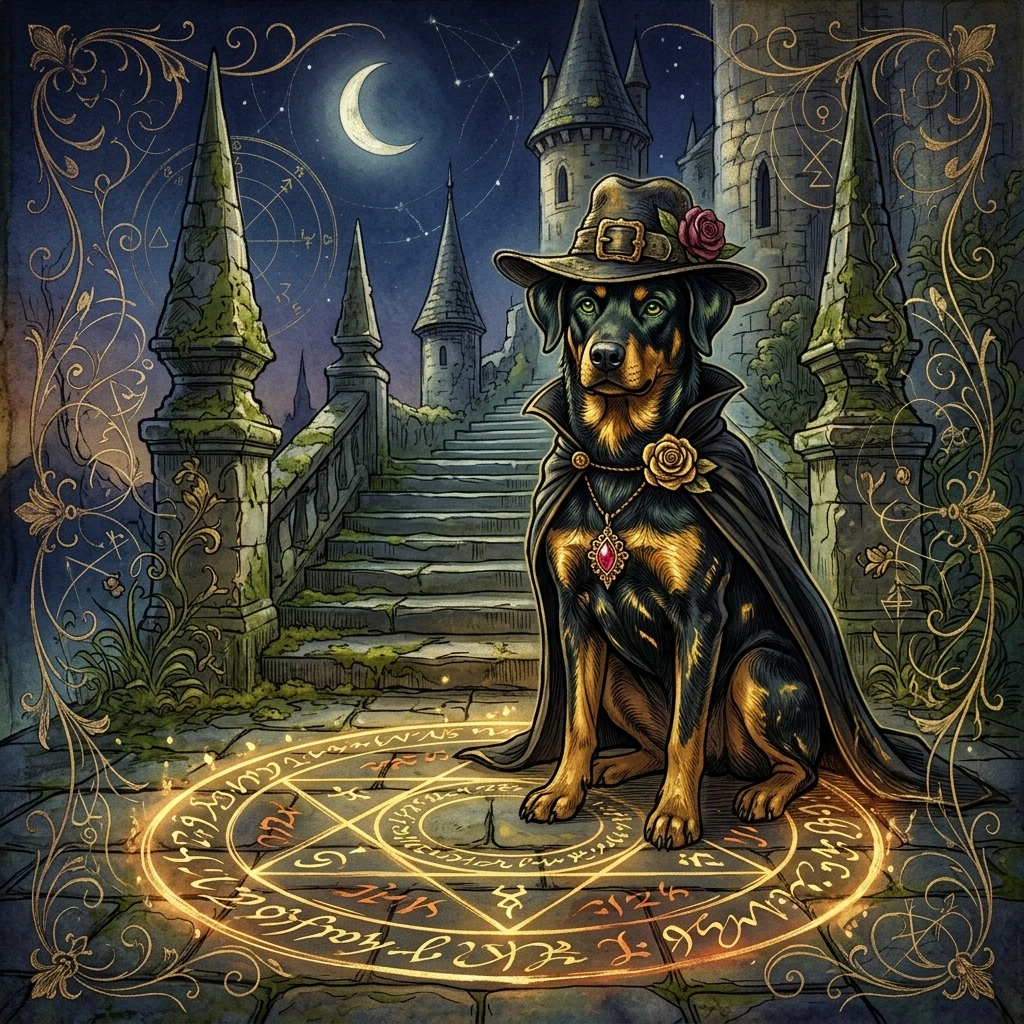 (Background):Moonlit night spires of an ancient stone building with moss growing between the stones. There is a dog sitting on a wide landing at the bottom of a stone staircase.…