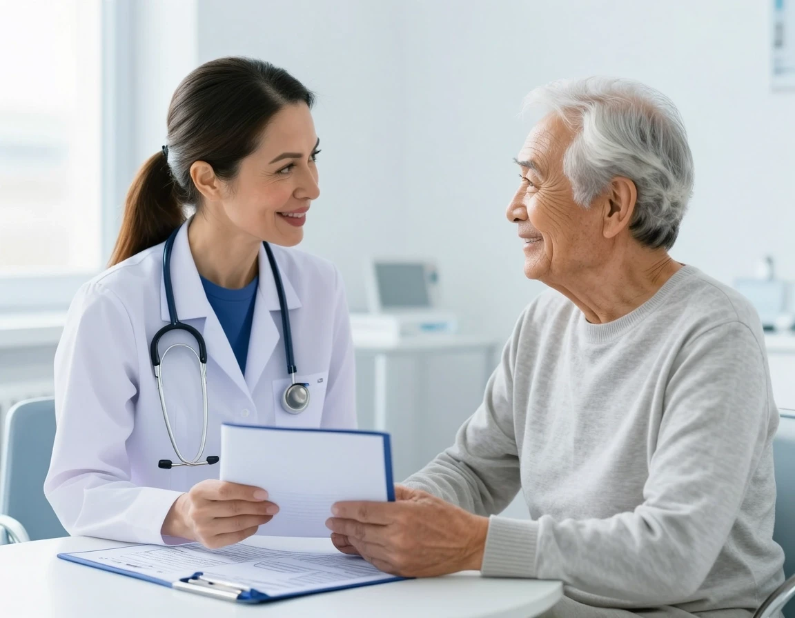 Photorealistic healthcare stock photograph of a compassionate female doctor consulting with an elderly male patient in a bright modern clinic, warm eye contact, authentic…