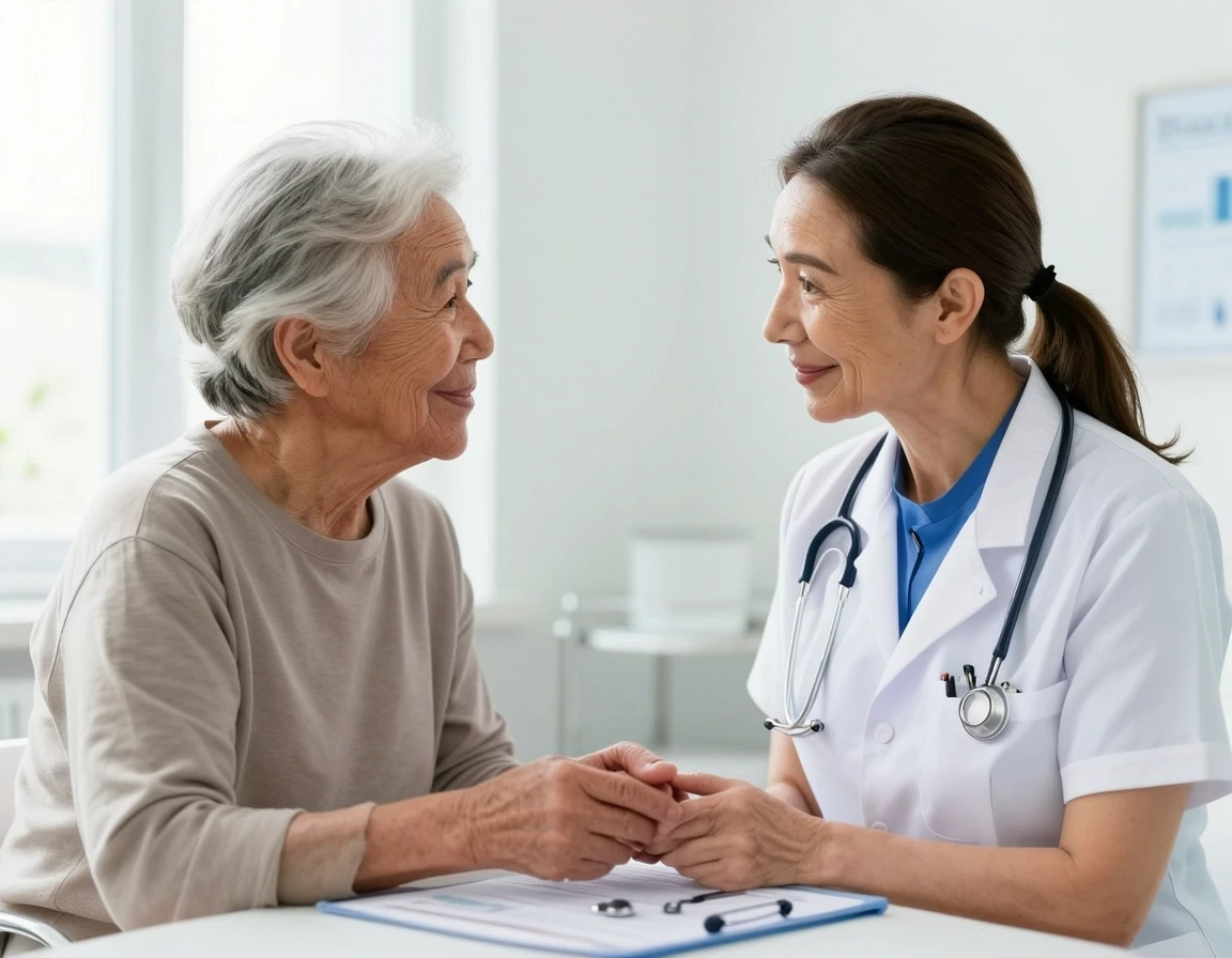 Photorealistic healthcare stock photograph of a compassionate female doctor consulting with an elderly male patient in a bright modern clinic, warm eye contact, authentic…
