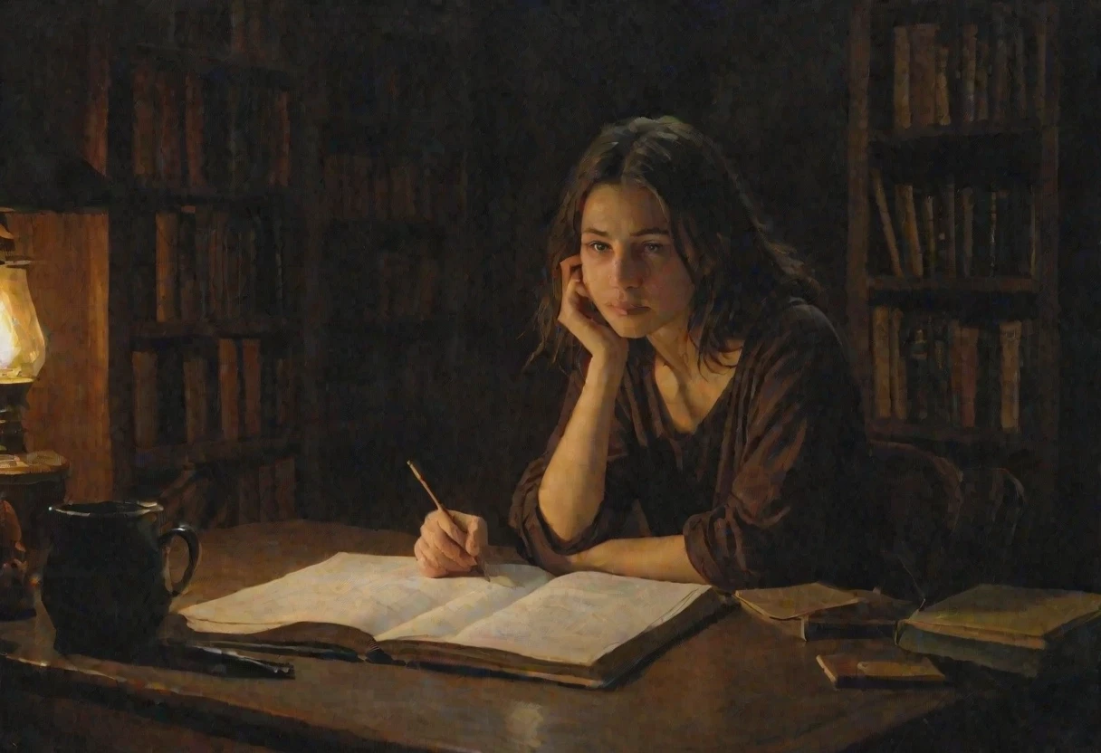 Young woman with shoulder-length brunette hair and fair skin sitting alone in dark cozy study late at night, surrounded by old books, cold tea cup on desk, tired and…