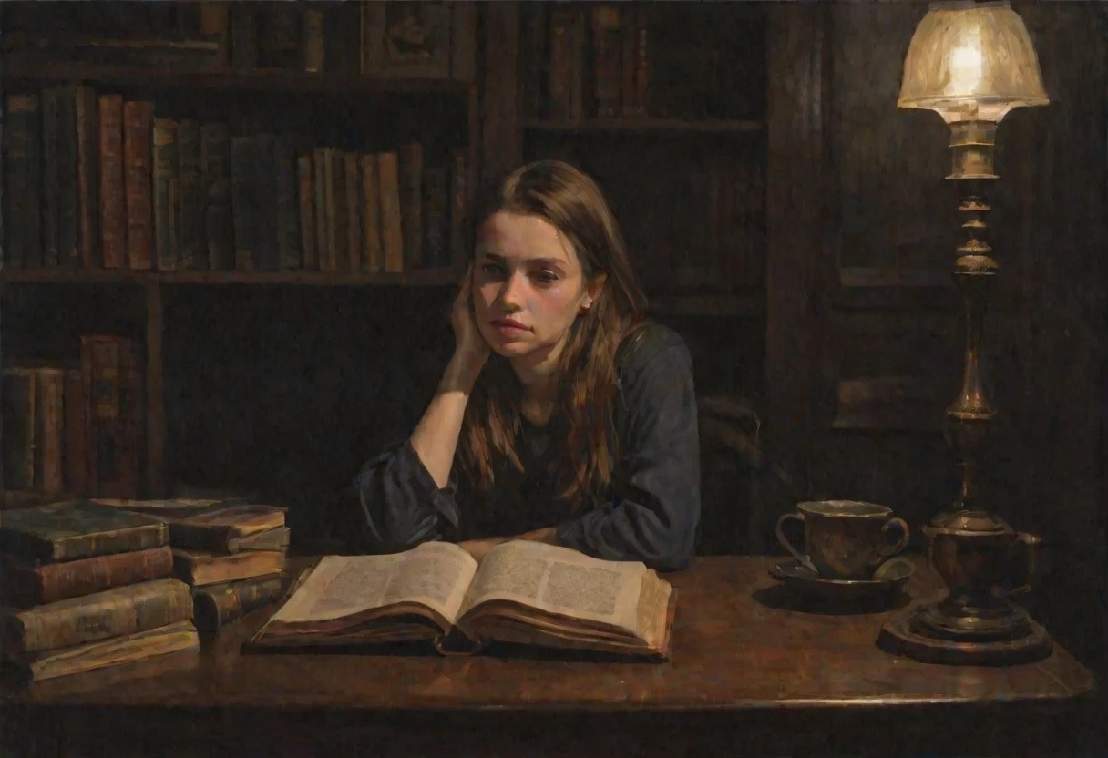 Young woman with shoulder-length brunette hair and fair skin sitting alone in dark cozy study late at night, surrounded by old books, cold tea cup on desk, tired and…