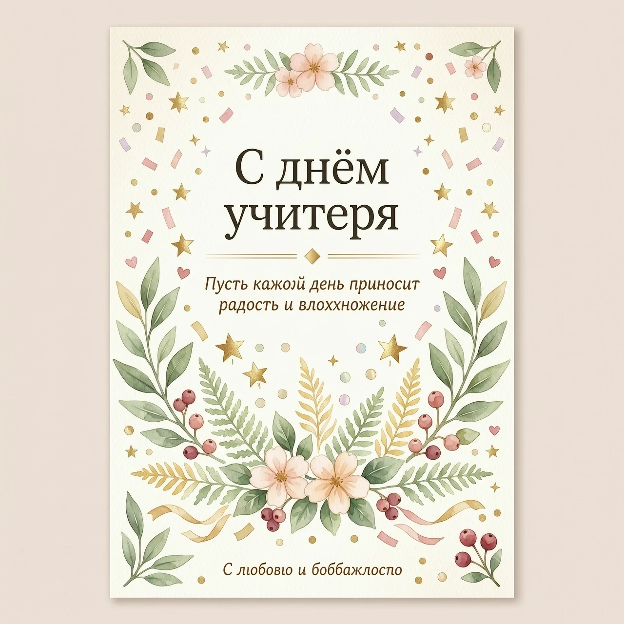 Сгенерируй изображение — поздравительная открытка. Праздничная открытка в стиле современной акварельной иллюстрации: в нижней трети композиции — букет из веток с листьями,…