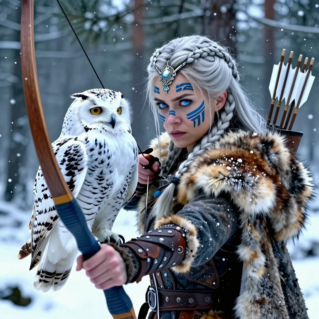 Cinematic medium shot of a fierce female archer, piercing ice-blue eyes, intricate braided silver-blonde hair, dark blue tribal war paint on face, ornate silver forehead tiara,…