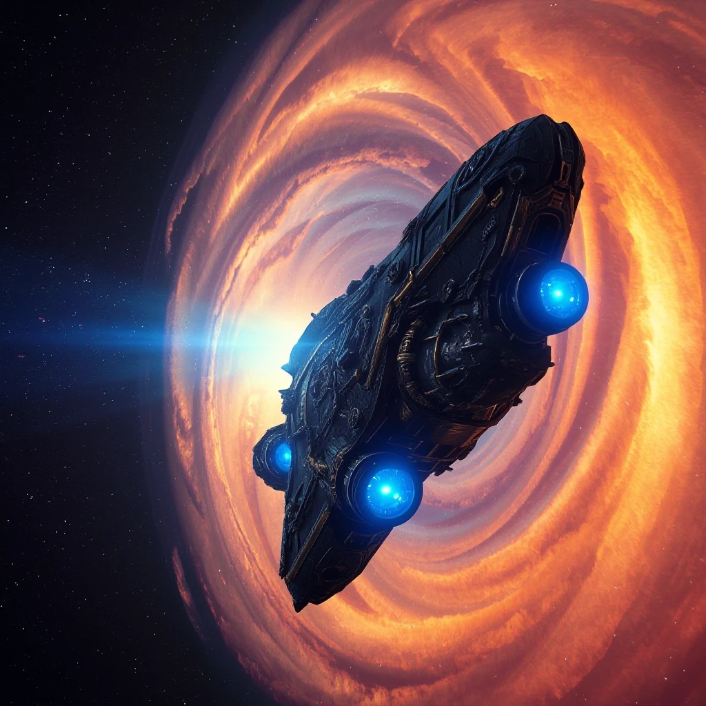 A massive ancient spaceship with glowing blue engines and golden gothic ornaments is flying directly into the heart of a vibrant, swirling nebula. The nebula looks like a cosmic…