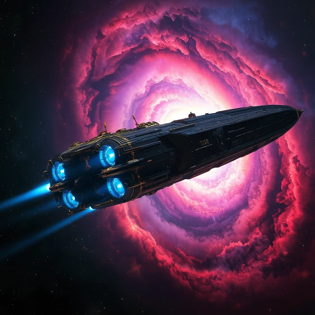 A massive ancient spaceship with glowing blue engines and golden gothic ornaments is flying directly into the heart of a vibrant, swirling nebula. The nebula looks like a cosmic…
