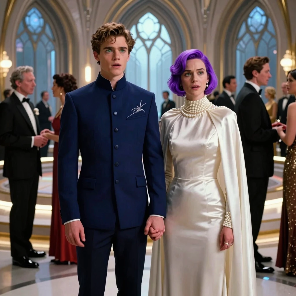 Cinematic film still, live-action movie shot. A handsome young 24-year-old green-eyed male and a beautiful young woman with short stylish purple hair, undercover as an…