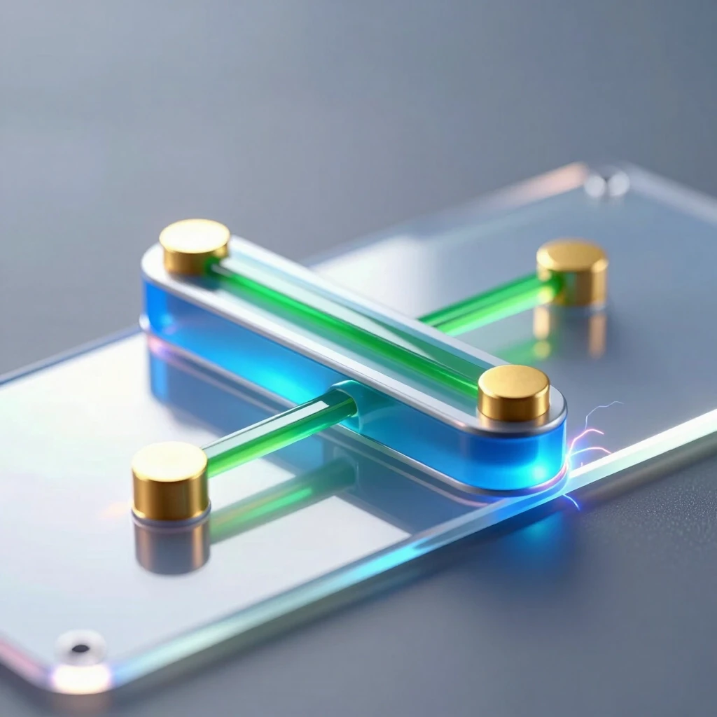 A hyper‑realistic scientific 3D illustration of a single organic field‑effect transistor with a bottom gate and top contacts of the following structure (from bottom to top): a…