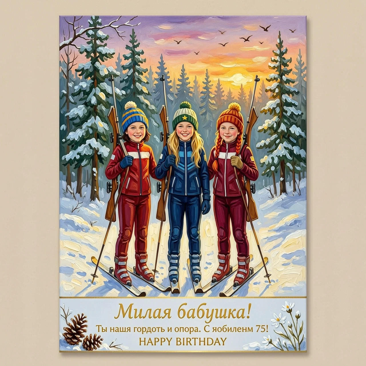 Beautiful oil painting style greeting card for grandmother's 75th birthday. Three young girls in biathlon racing suits, standing on skis in a snowy winter forest, each…