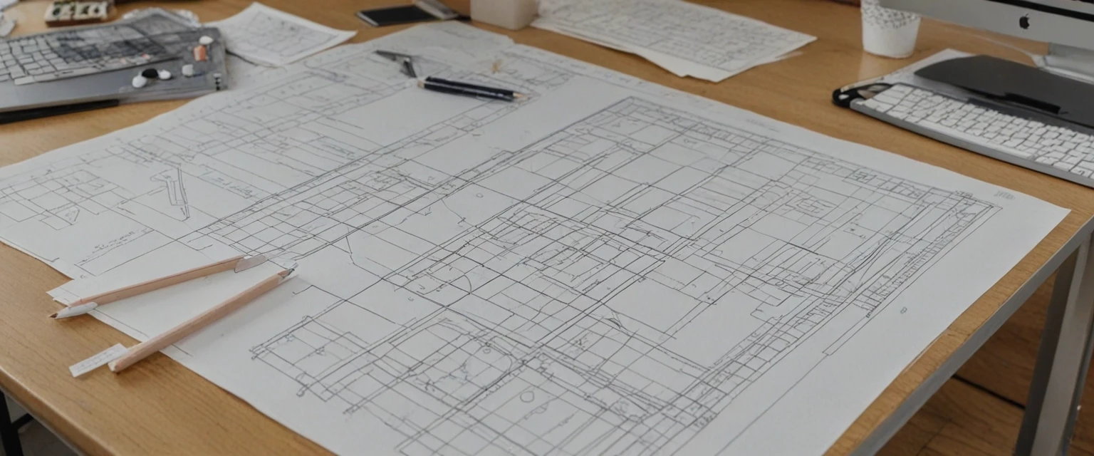Photorealistic, frontal view of a clothing pattern design bureau. Foreground: a matte white desk with neatly arranged paper sewing patterns, transparent plastic drafting rulers…