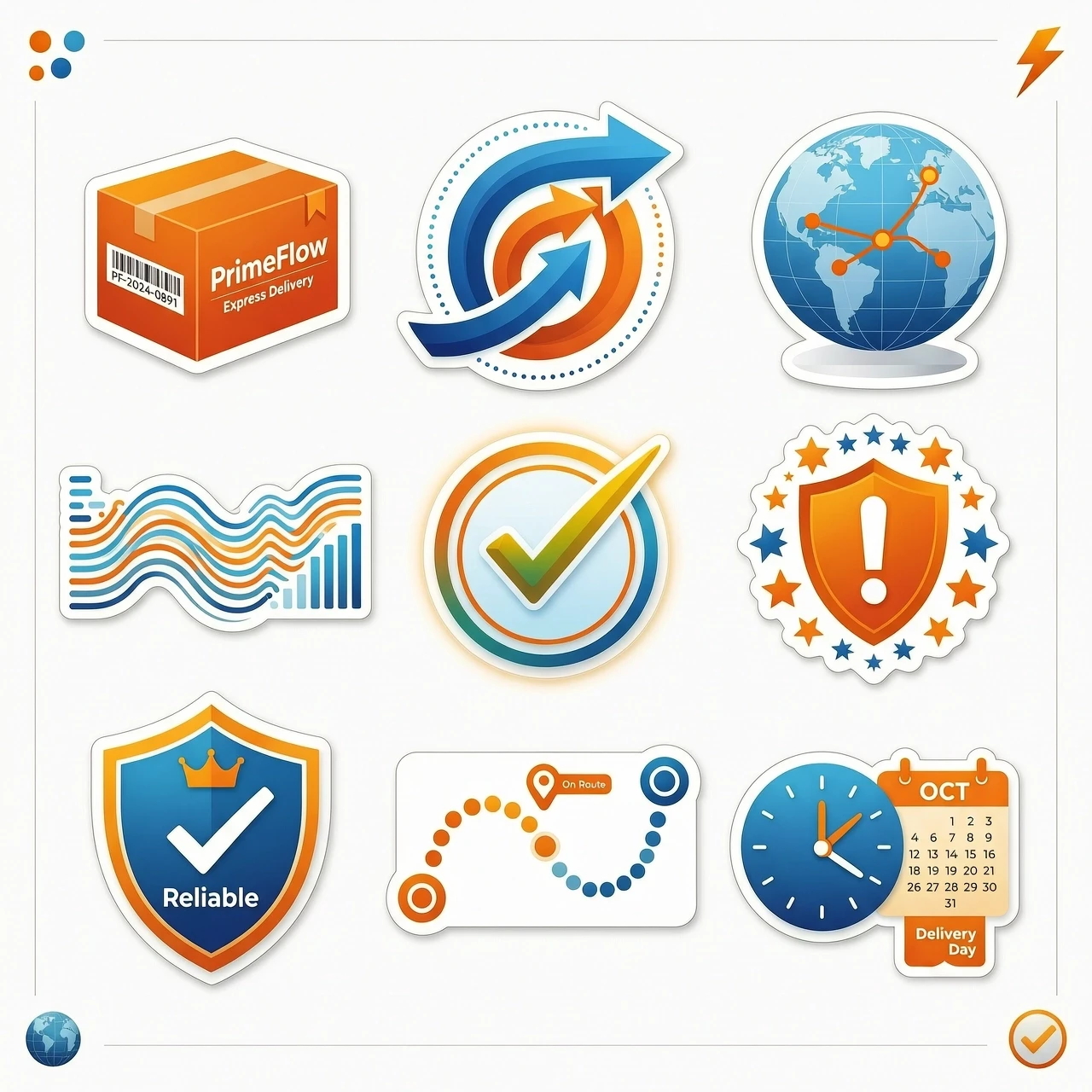 Set of 10 minimalist vector stickers with transparent background, featuring abstract logistics themes: PrimeFlow branded packages and boxes, dynamic flowing arrows, globe with…