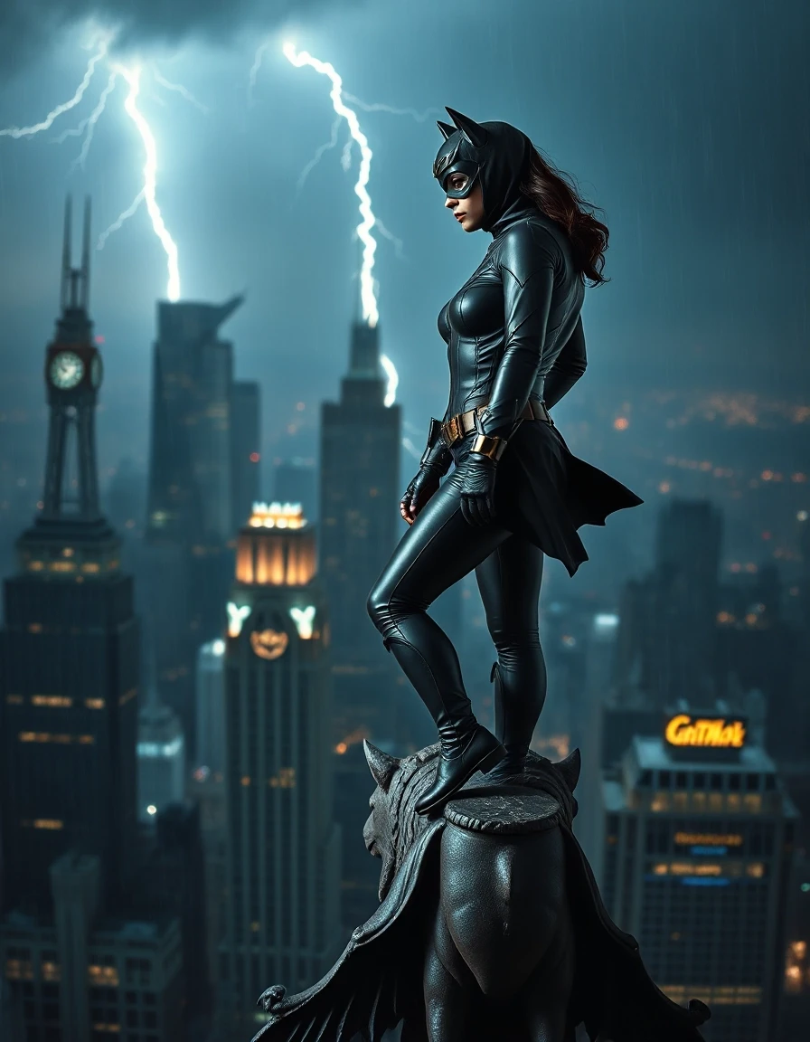 A breathtaking cinematic portrait of Selina Kyle as Catwoman. She stands gracefully on a gargoyle atop a high skyscraper looking down at a dark, rain-slicked city at night.…
