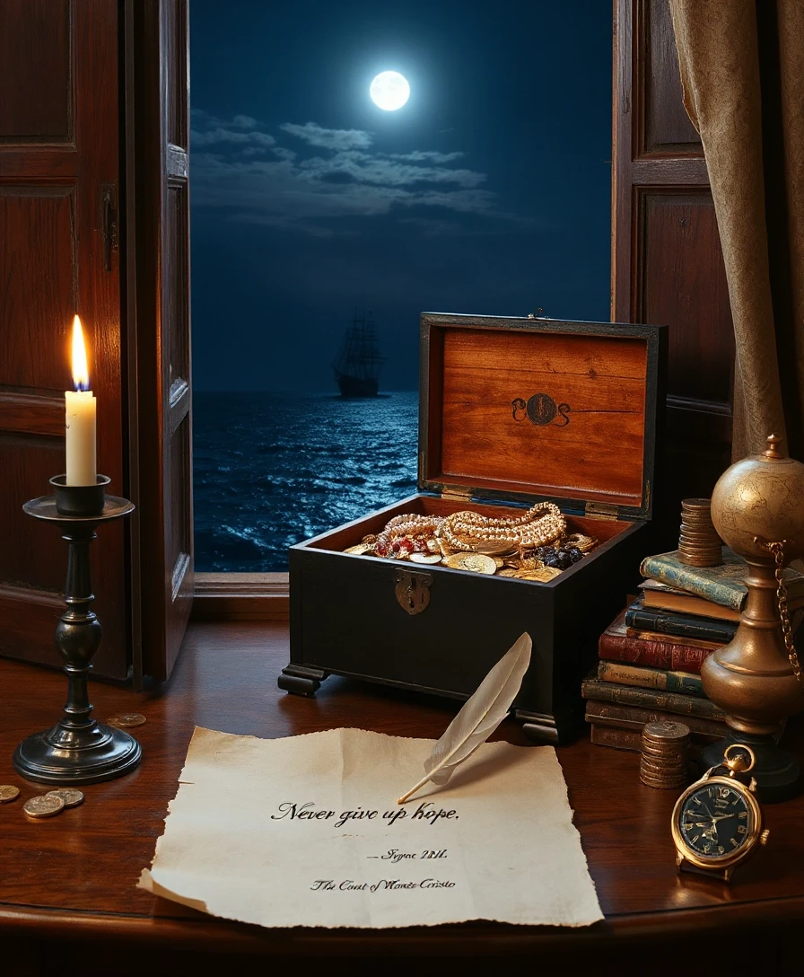 The window is open, and behind it is the night sea with the reflection of the moon, and in the distance the silhouette of a frigate. In front of the window is an antique 18th…