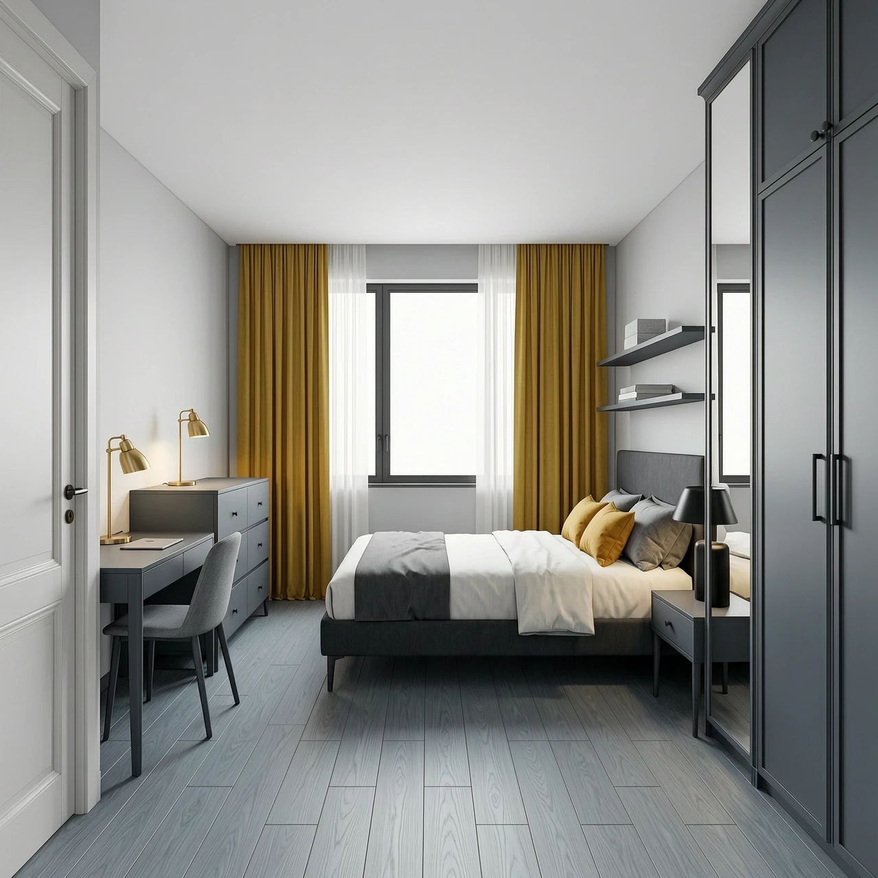 Interior design of a rectangular 11 sqm bedroom, view from the entrance door. Room size 3.9m width x 3.0m depth, ceiling height 2.7m. Upon entering, on the left is a small…