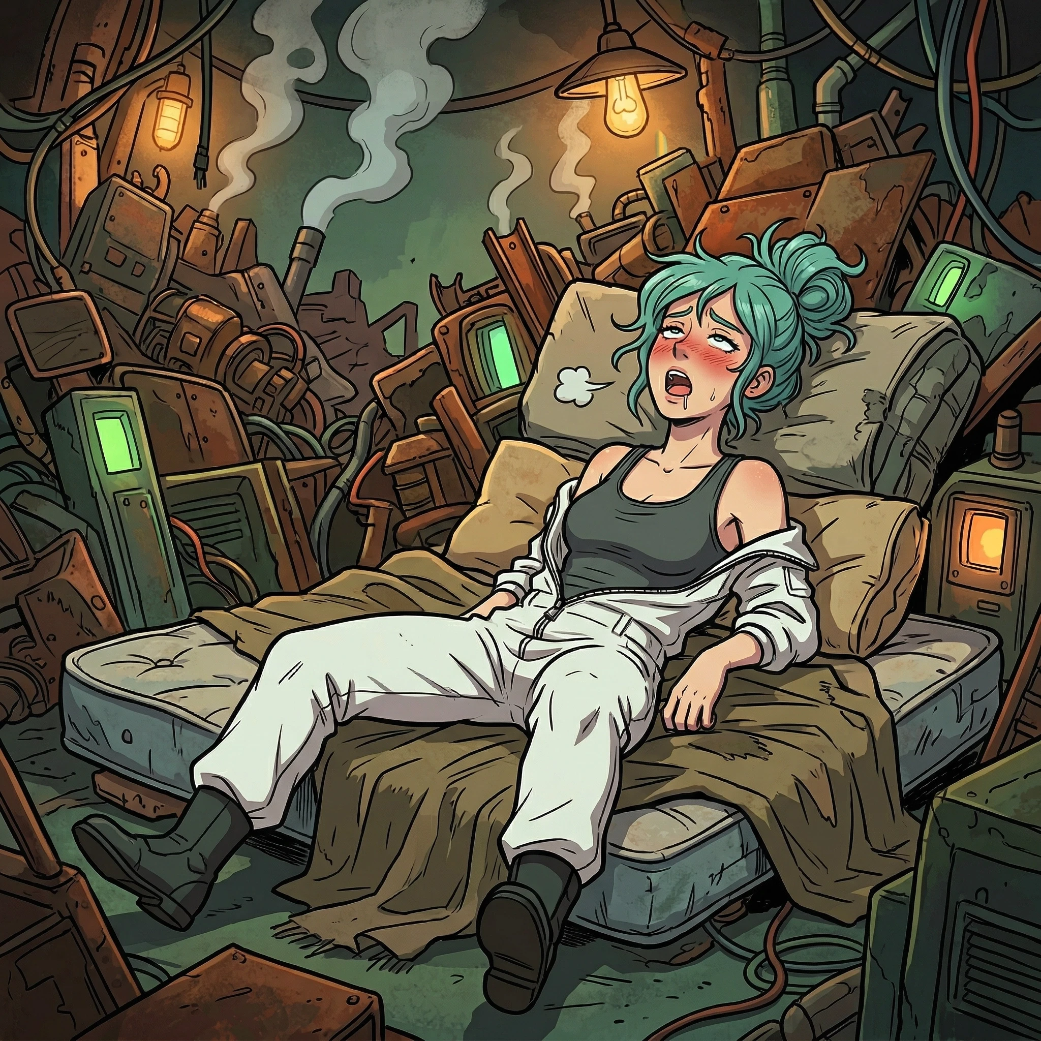 (Deponia game style:1.3), 2D, cel-shaded, vector art, flat color, clean lines, Goal from Deponia, messy turquoise bun, white Elysian jumpsuit unzipped and pulled down, lying on…