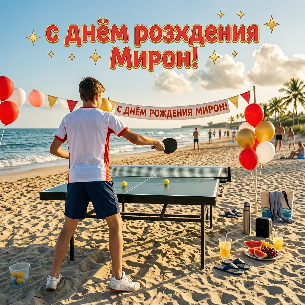 Подросток играет в настольный теннис на морском побережье. Стоит спиной Общий фон праздничный. Надпись «с днем рождения Мирон» Округлыми буквами. Тематика реалистичная — работа…