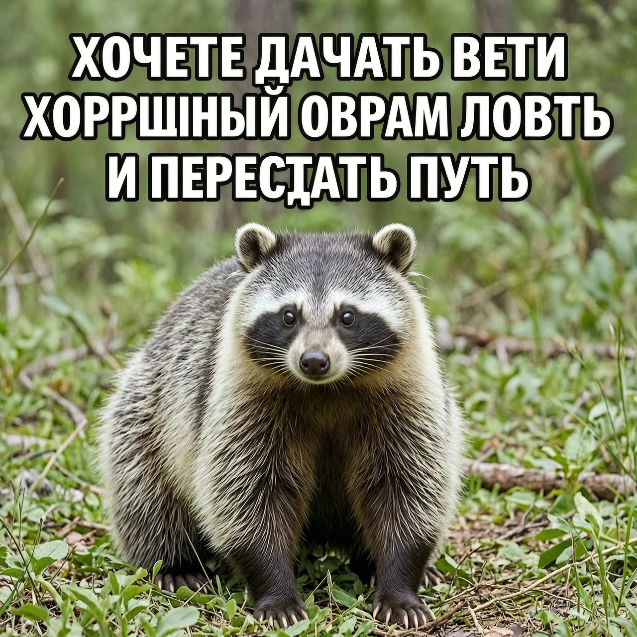 Сгенерируй мне мем: (текст такой:хочешь начать вести здоровый образ жизни и перестать пить) и фото енота — работа пользователя Массивная Радуга