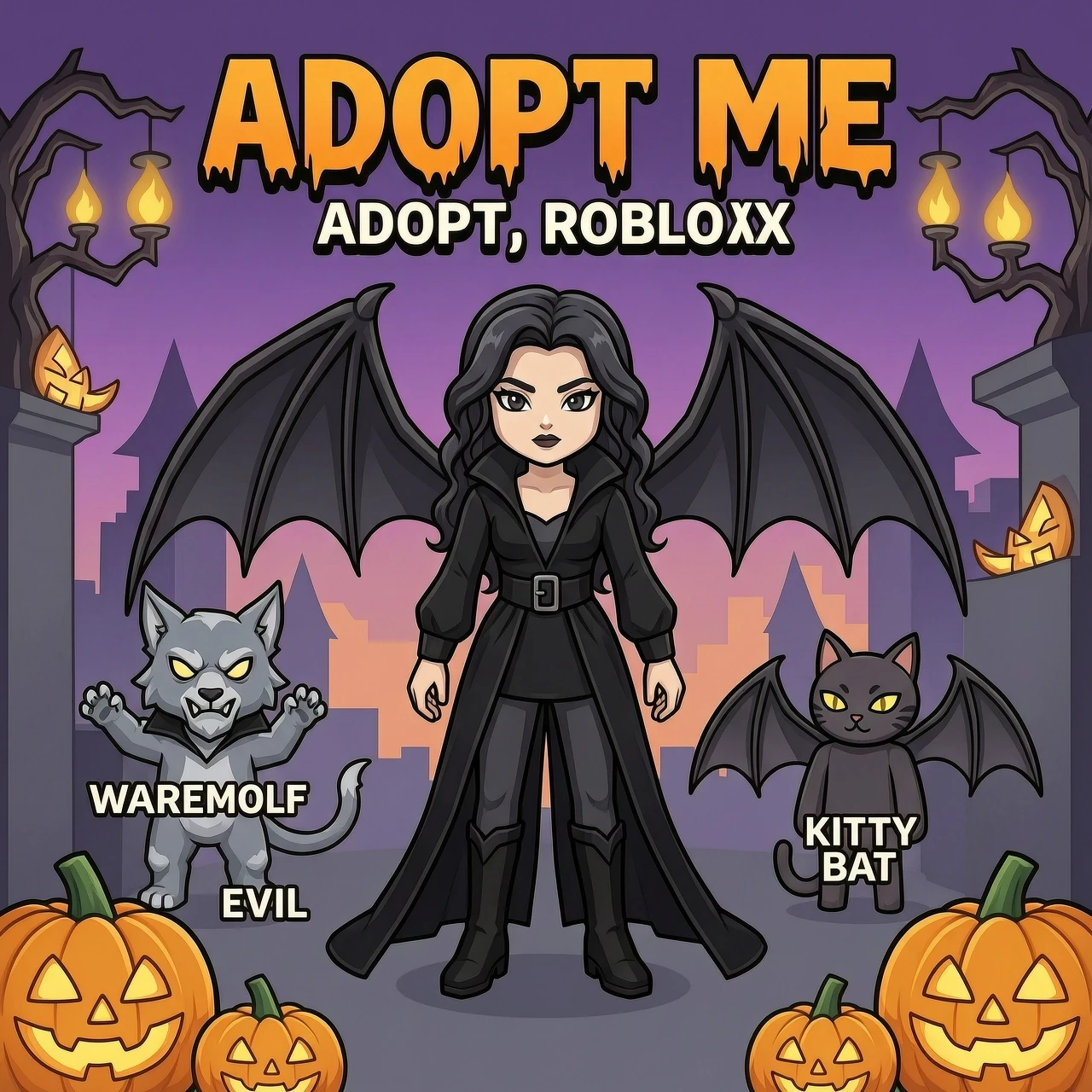 сгенерируй арт в стиле хэллоуина для аккаунта в tiktok по плейсу adopt me в roblox. можешь добавить на него таких петов, как werewolf, evil, kitty bat. петов не подписывай, на…