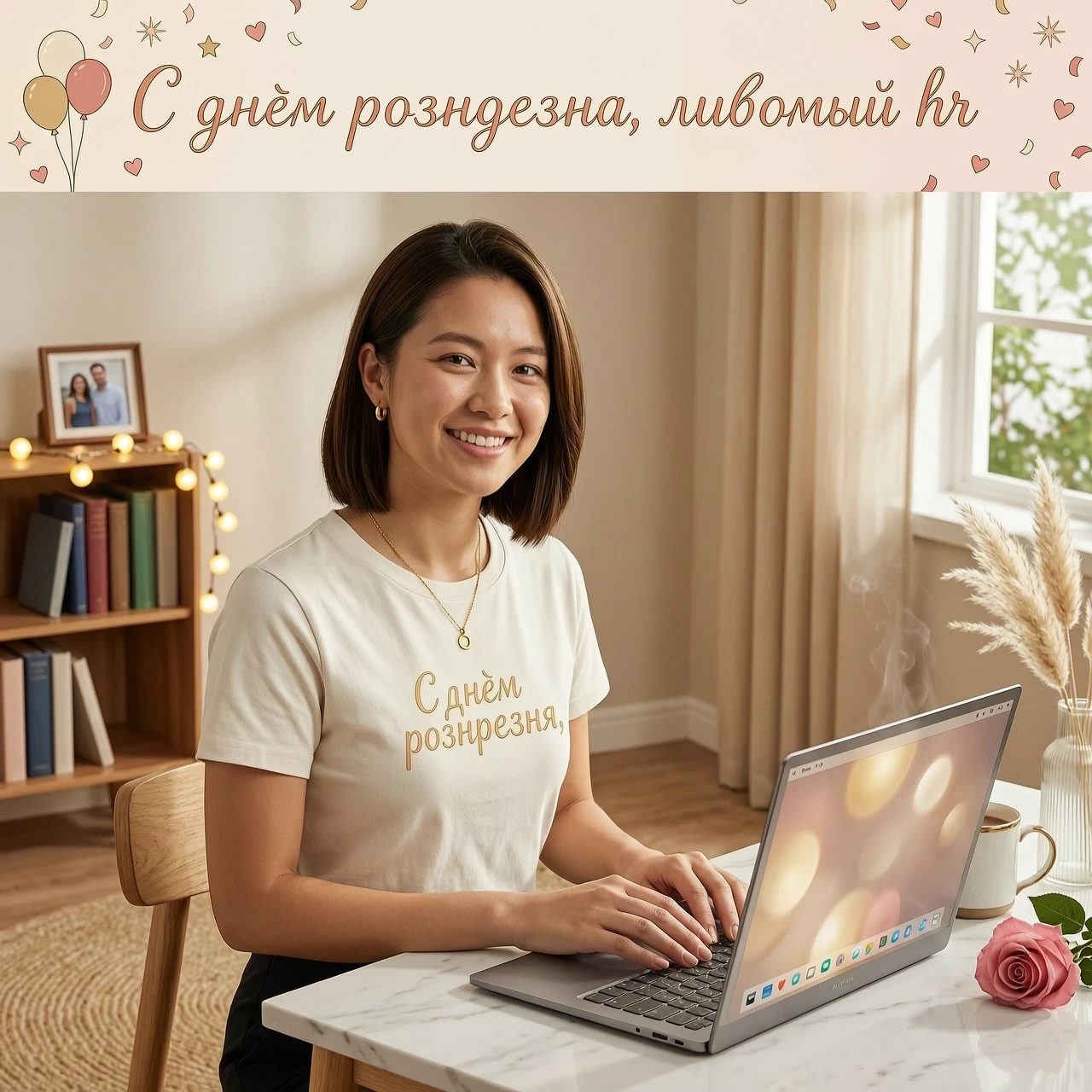 Эта же картинка только футболка на выпуск . Волосы короче. И сделай 1 ноутбук . Надпись над девушкой . С днём рождения, любимый hr — работа пользователя Волшебная Вейла
