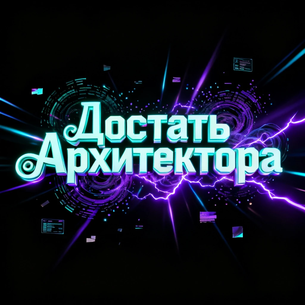 Cinematic glowing title text in Russian: "Достать Архитектора" with geometric and runic curlicues, sleek letters formed from solid holographic light and swirling data…