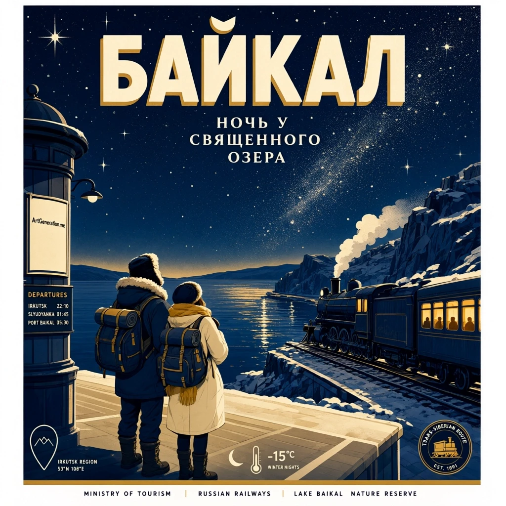 Готовый рекламный туристический постер, вертикальный 2:3, до 2K, стиль современного шелкографического плаката в духе винтажных ж/д афиш, не мокап. Сцена: ночной Байкал,…