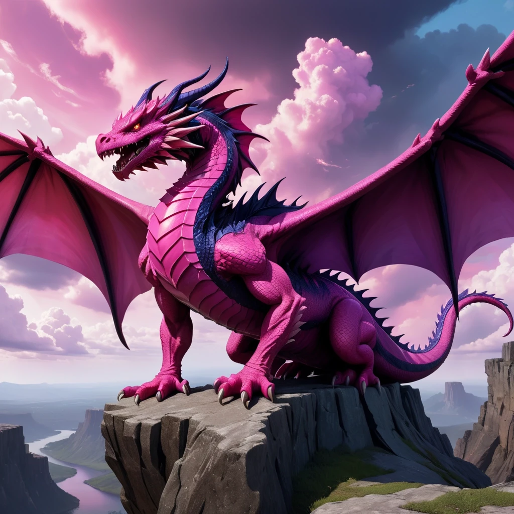 A pink intimidating dragon sitting on the edge of a cliff, with huge wings. Create a background: pink, purple, violet, and blue clouds. A red and black flame comes out of its…