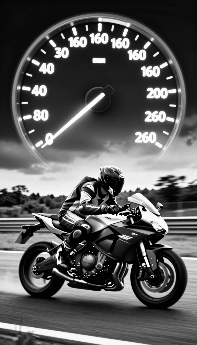 A dramatic, black and white, high-speed scene of a motorcycle rider on a track, with a large, glowing speedometer overlay in the upper portion of the image. The speedometer…