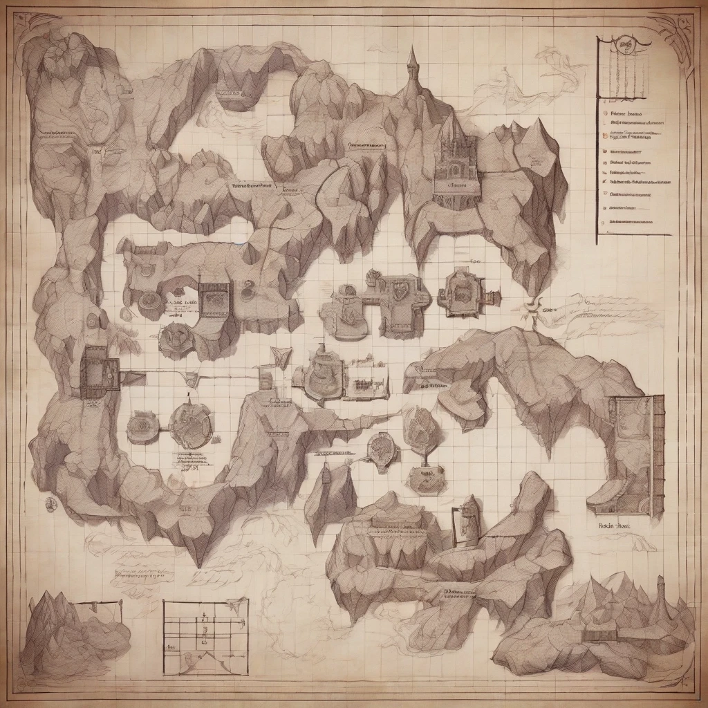 prompt: Dungeons and Dragons Hogwarts map, hand drawn map, scanned from book, the dragons cave adventure, black grid paper, fantasy cave map, module map for dungeon master, mega…